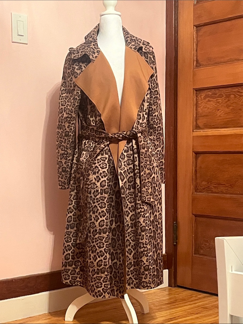 Leopard Print Tie-Waist Trench Coat with Contrast Lapel - Brown
